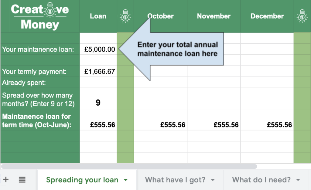 Student budget spreadsheet: your maintenance loan